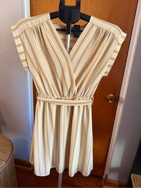 Monteau Striped V-Neck Mini Dress in Yellow and Cream